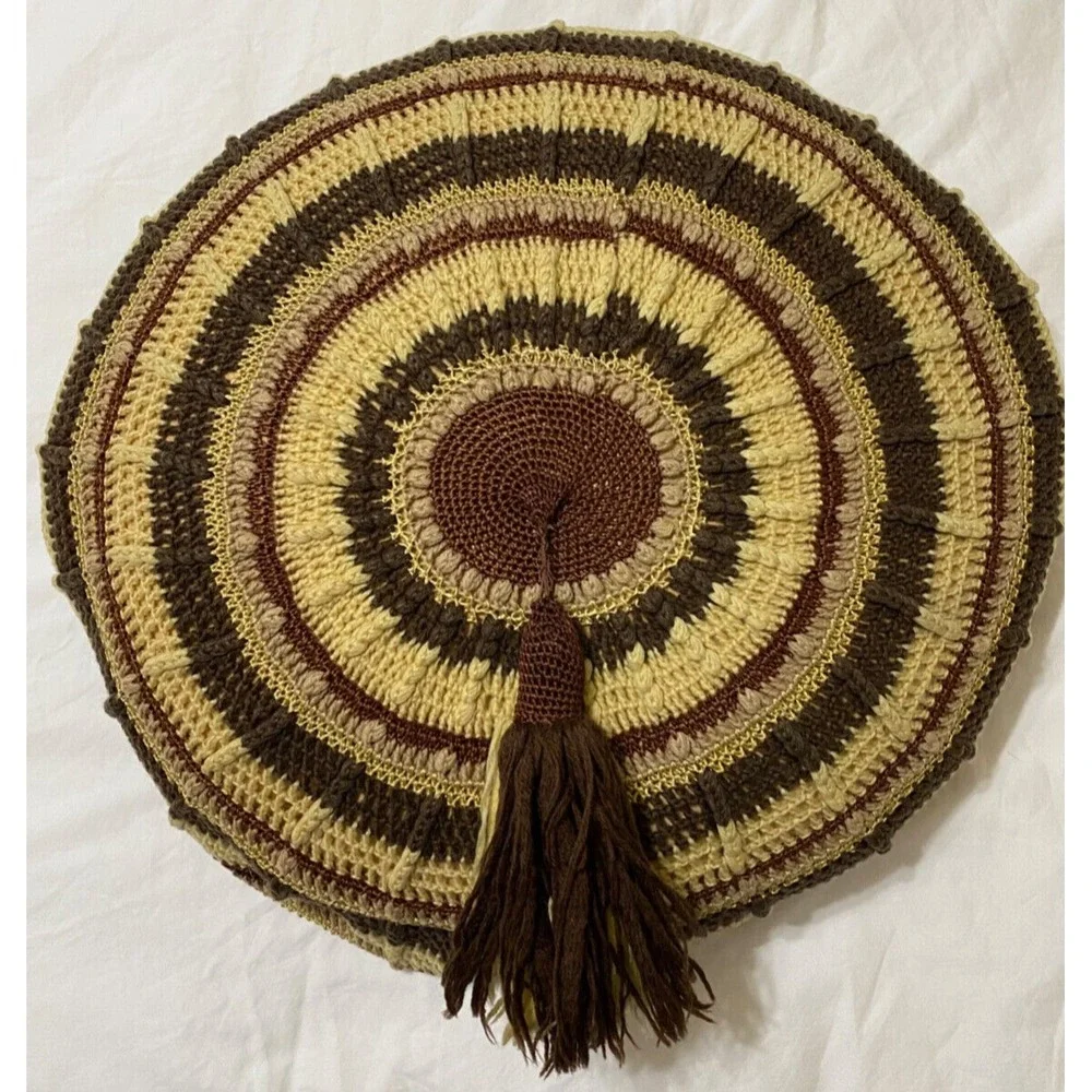 Crocheted Throw‎ Pillow MCM Browns Beige Vtg 70s Look Round Meditation